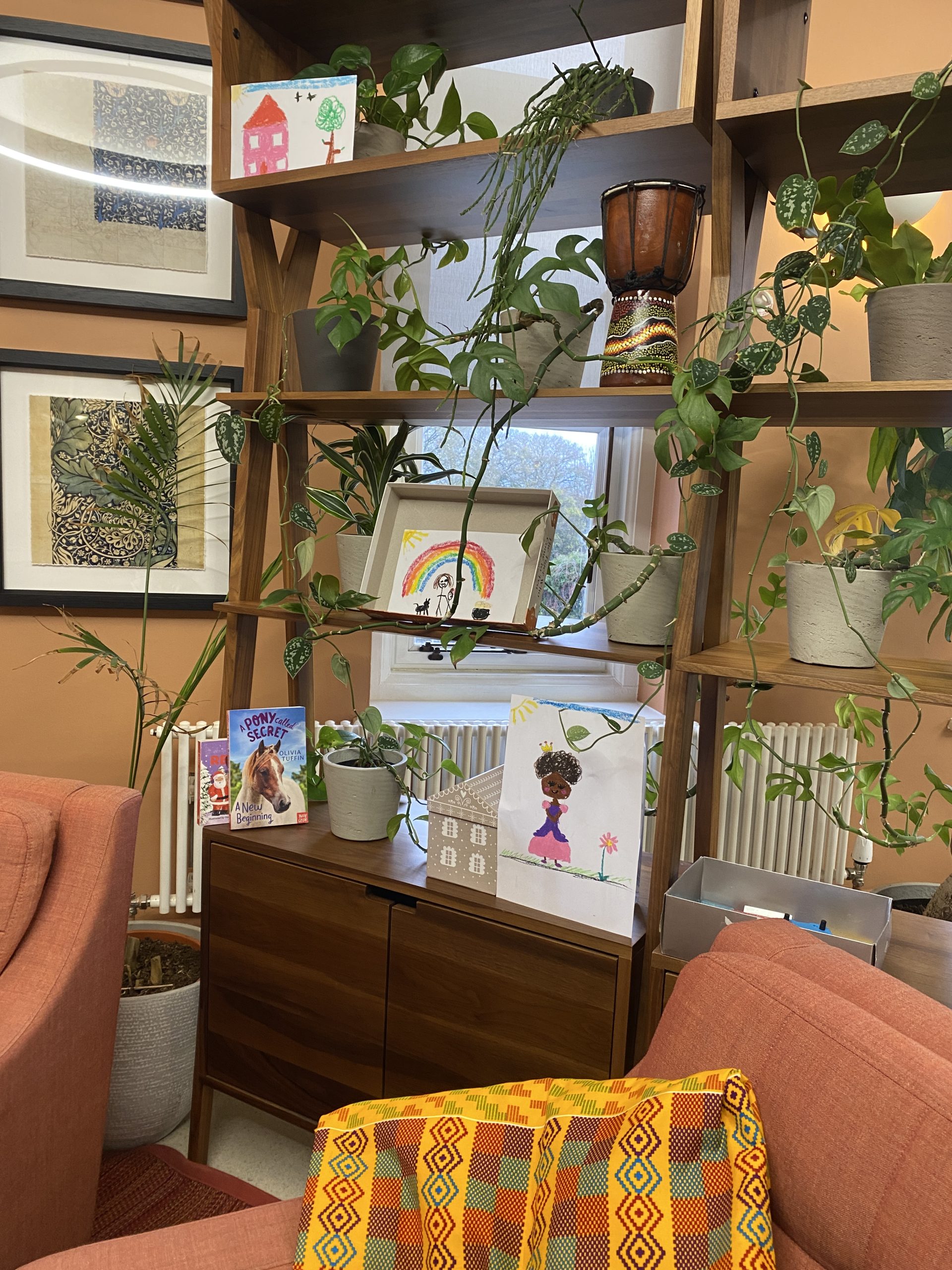 a bookshelf full of plants, books and children drawings.